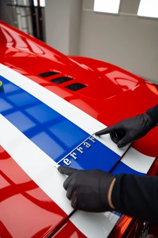Ein blau-weisser Rennstreifen und ein Schriftzug werden auf der Motorhaube eines roten Ferrari angebracht