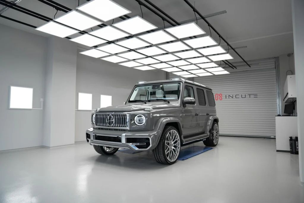 Grey Mercedes-Benz G-Class with polished wheels in the INCUTE studio